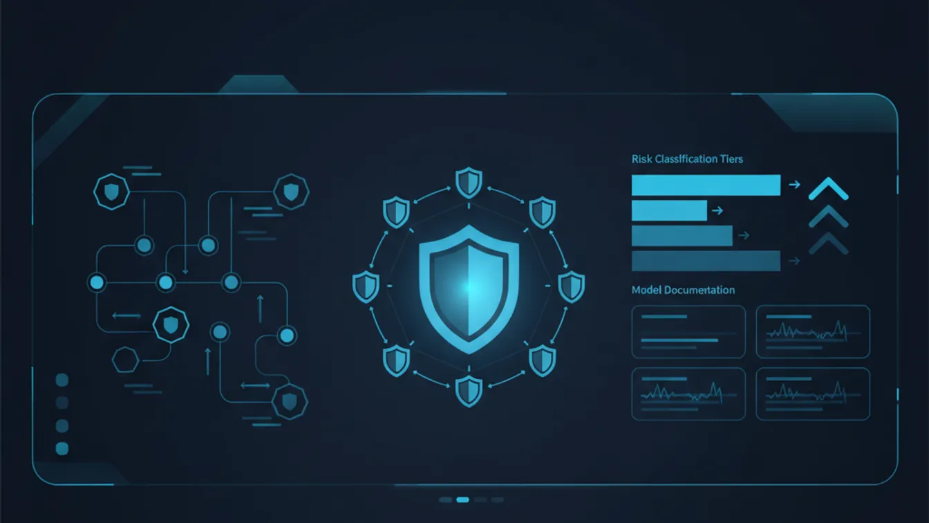 Abstract visualization of AI governance framework with compliance shield icons and data flow diagrams
