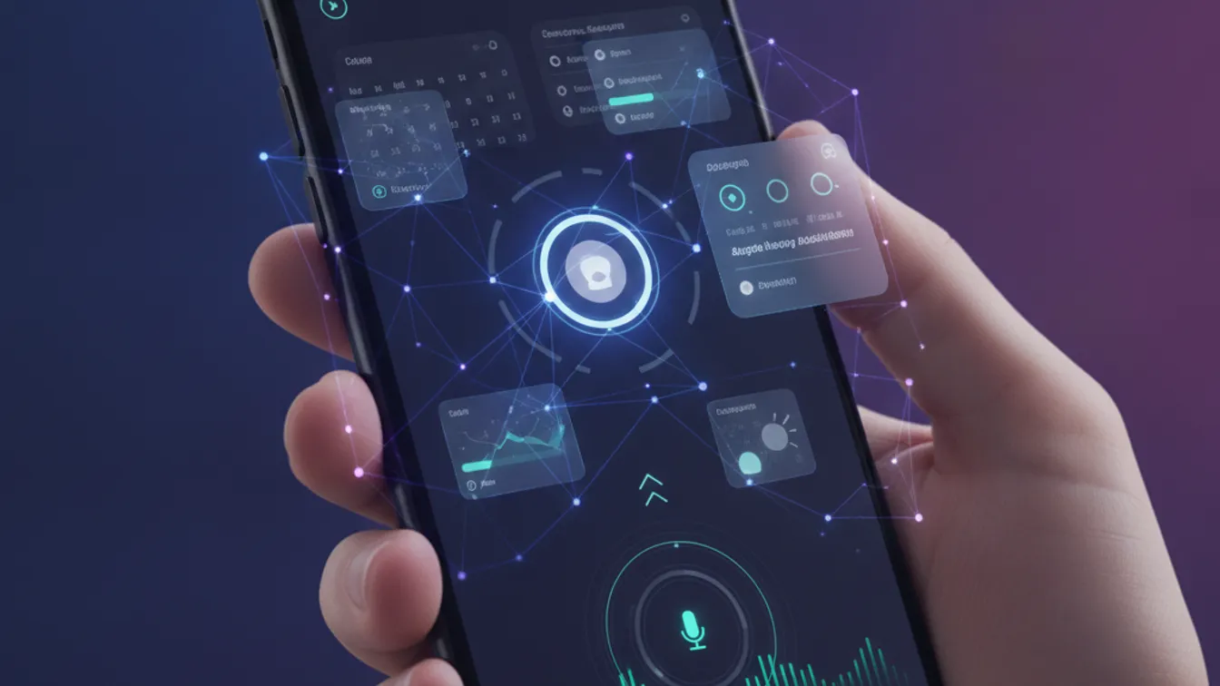 Futuristic AI-native mobile app interface with intelligent features and real-time personalization