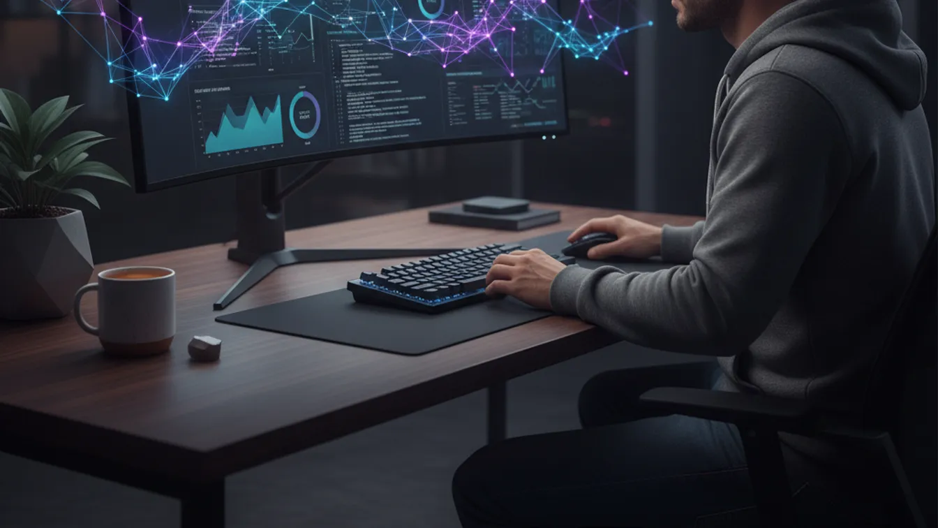 Developer reviewing AI-powered test automation dashboards with neural network patterns overlaid on code