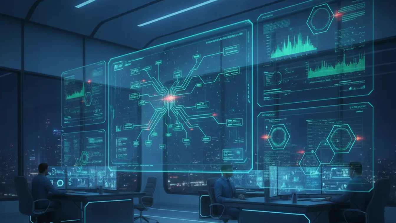 Futuristic control room dashboard showing AI monitoring software deployment pipelines with glowing metrics and automated alerts