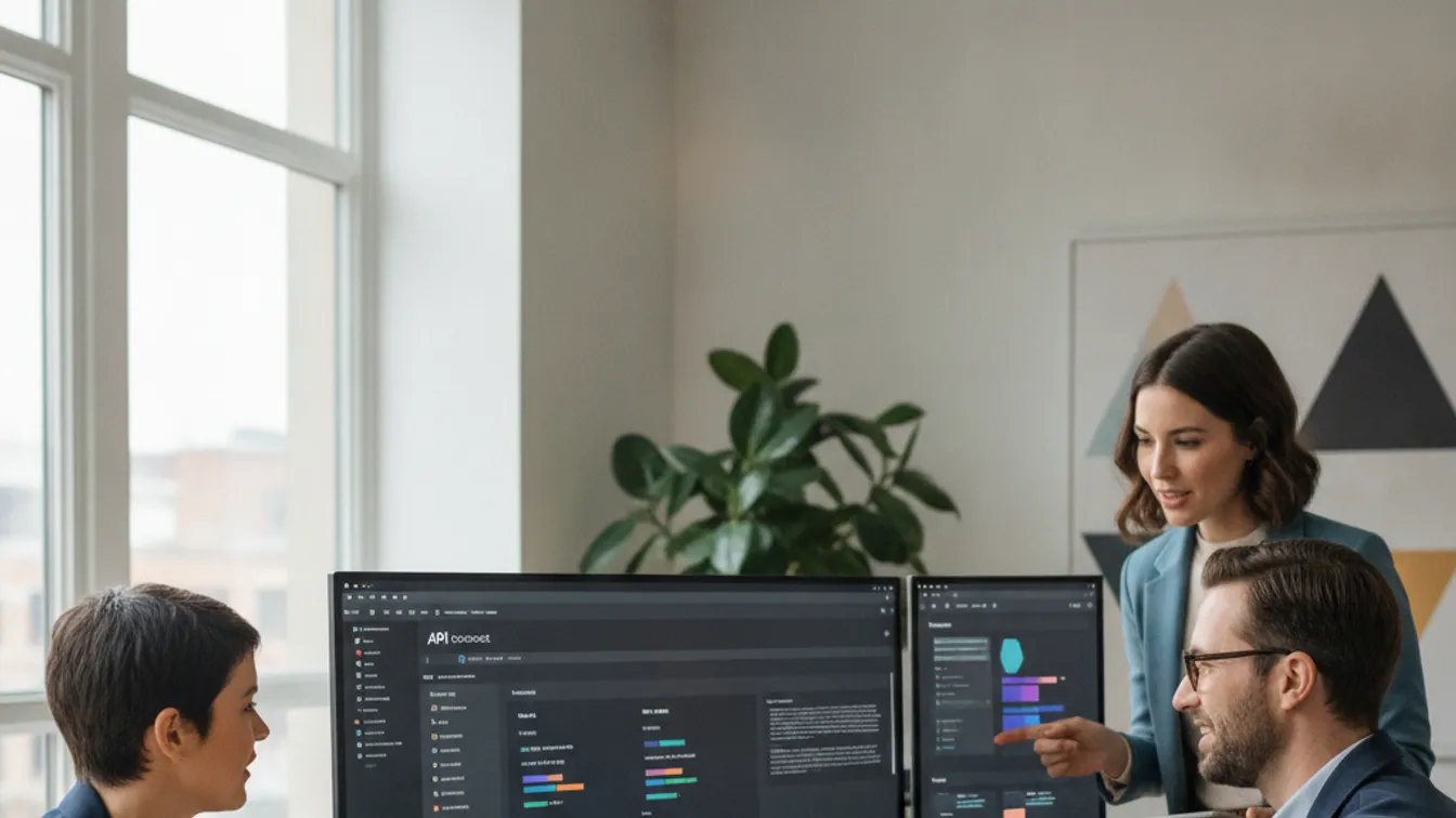 Software engineers designing API contracts on whiteboards and laptops in a modern office