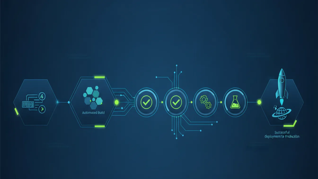 CI/CD pipeline visualization showing code flowing through automated build, test, and deploy stages with green checkmarks