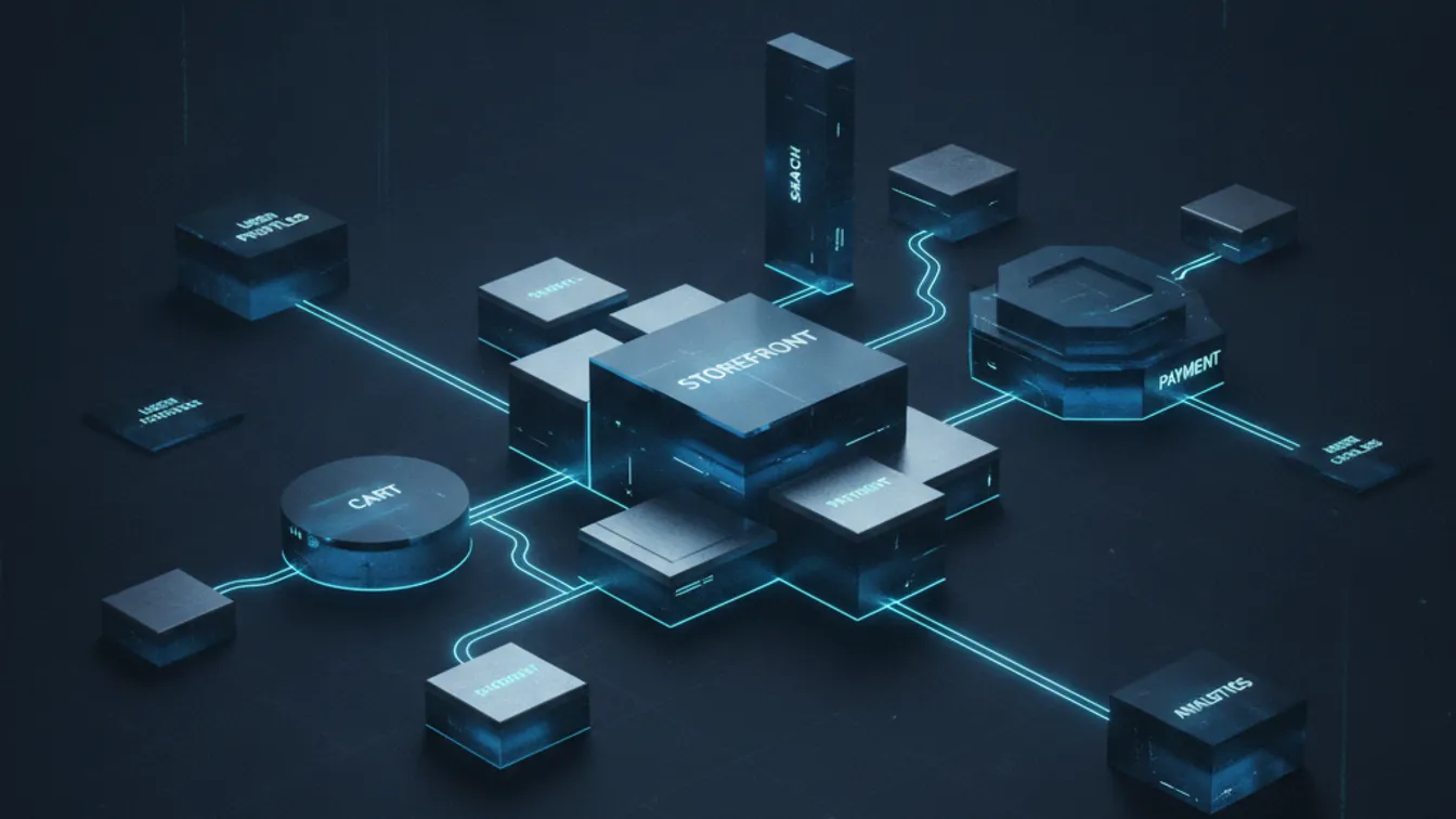 Modular e-commerce platform components connected through APIs in a modern digital workspace