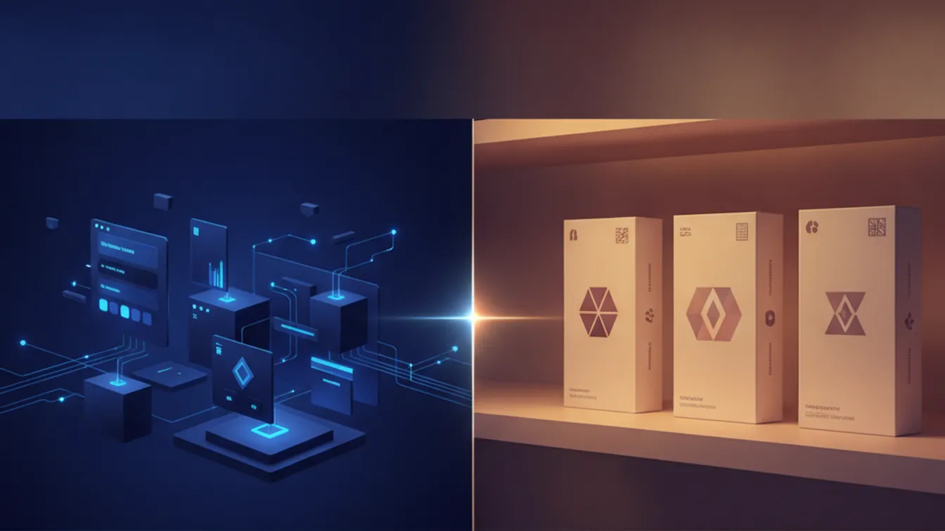 Split visual comparing custom-built software architecture with a row of packaged software boxes, representing the build-vs-buy decision