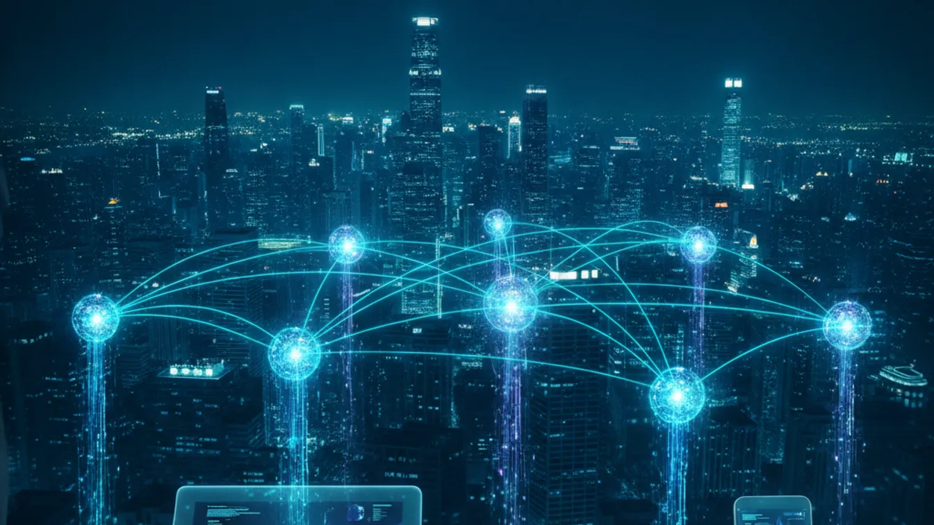 Abstract visualization of edge computing nodes connecting to mobile devices across a city network