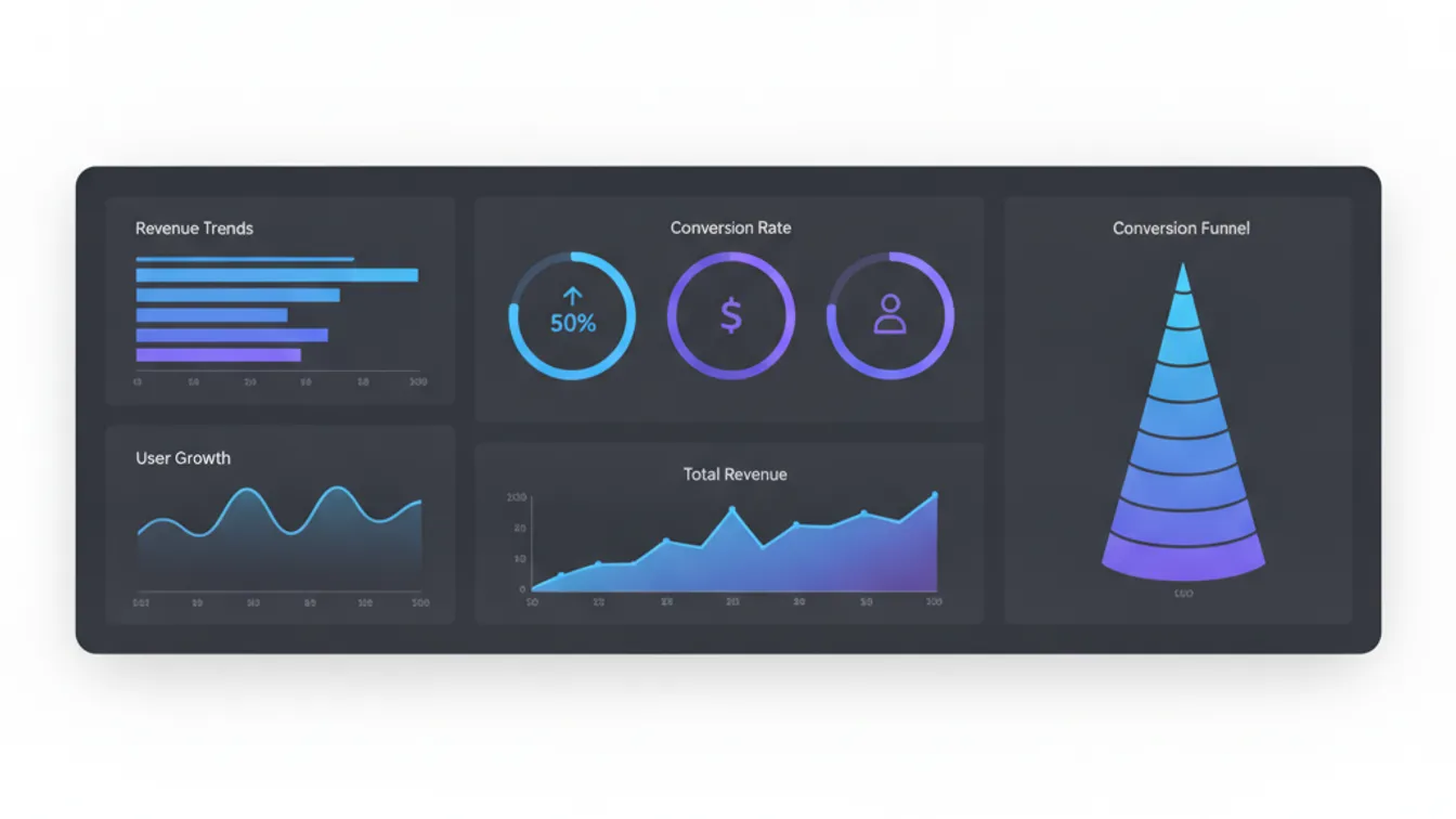 A modern SaaS analytics dashboard with charts, KPIs, and data visualizations on a dark UI