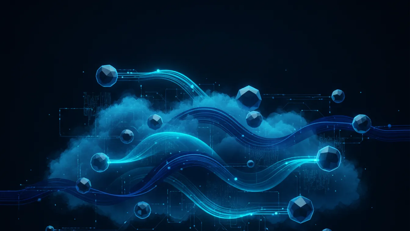 Abstract visualization of event streams flowing between distributed microservices nodes