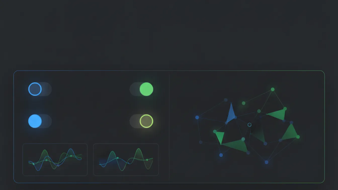 A SaaS dashboard showing feature flag toggles and A/B test results with live traffic split metrics