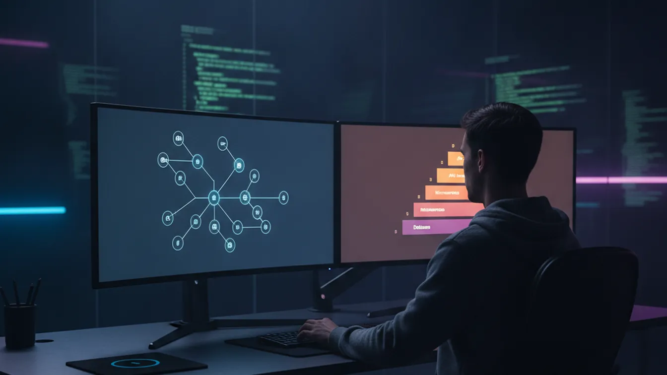 Developer comparing GraphQL and REST API architecture diagrams on dual monitors