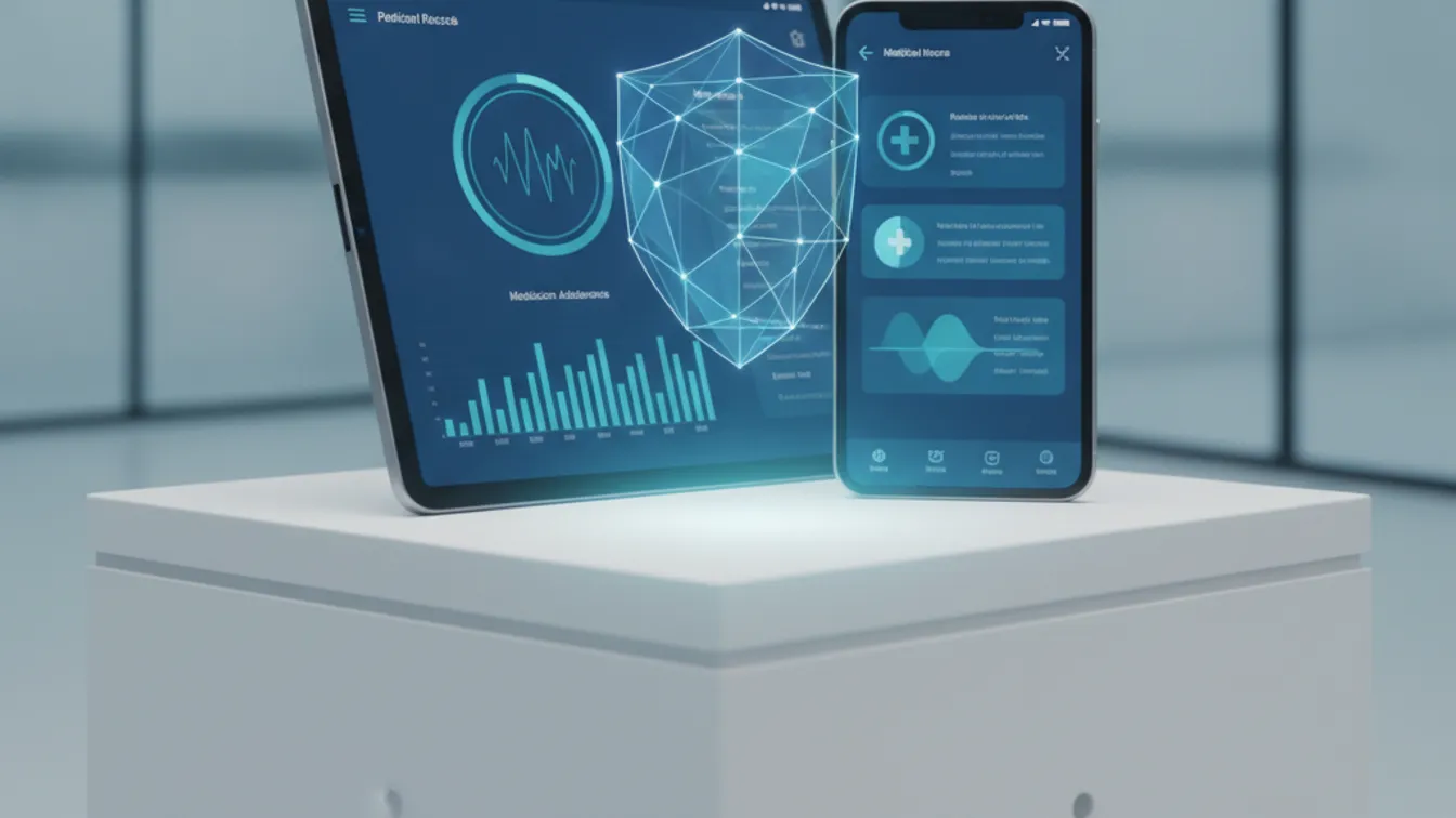 Secure healthcare app interface showing patient data protection and HIPAA compliance