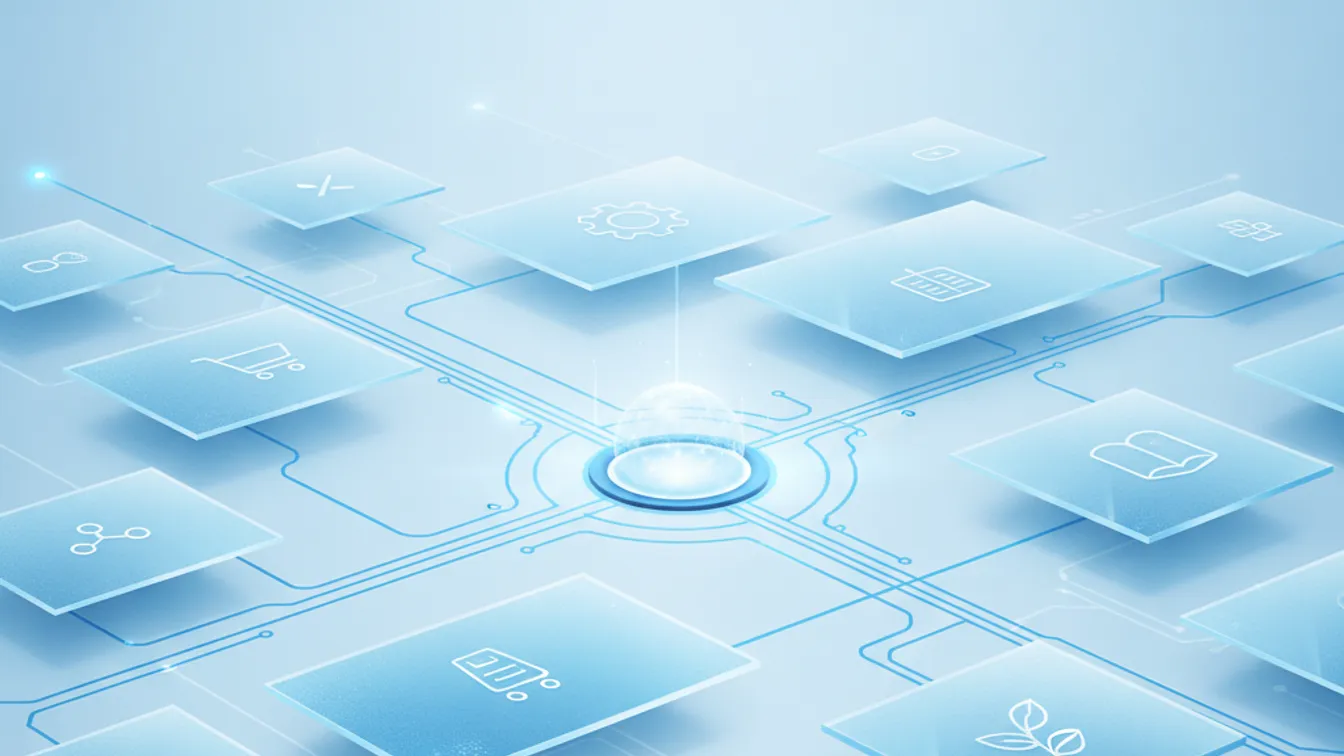Digital marketplace dashboard with multiple vendor storefronts connected by glowing data flows on a modern interface