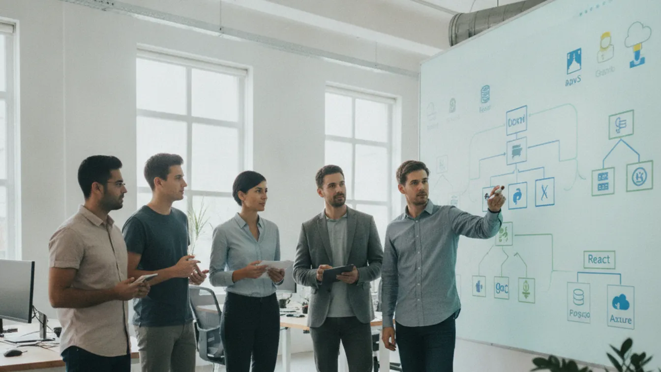 Software engineering team reviewing architecture diagrams and tech stack decisions on a whiteboard