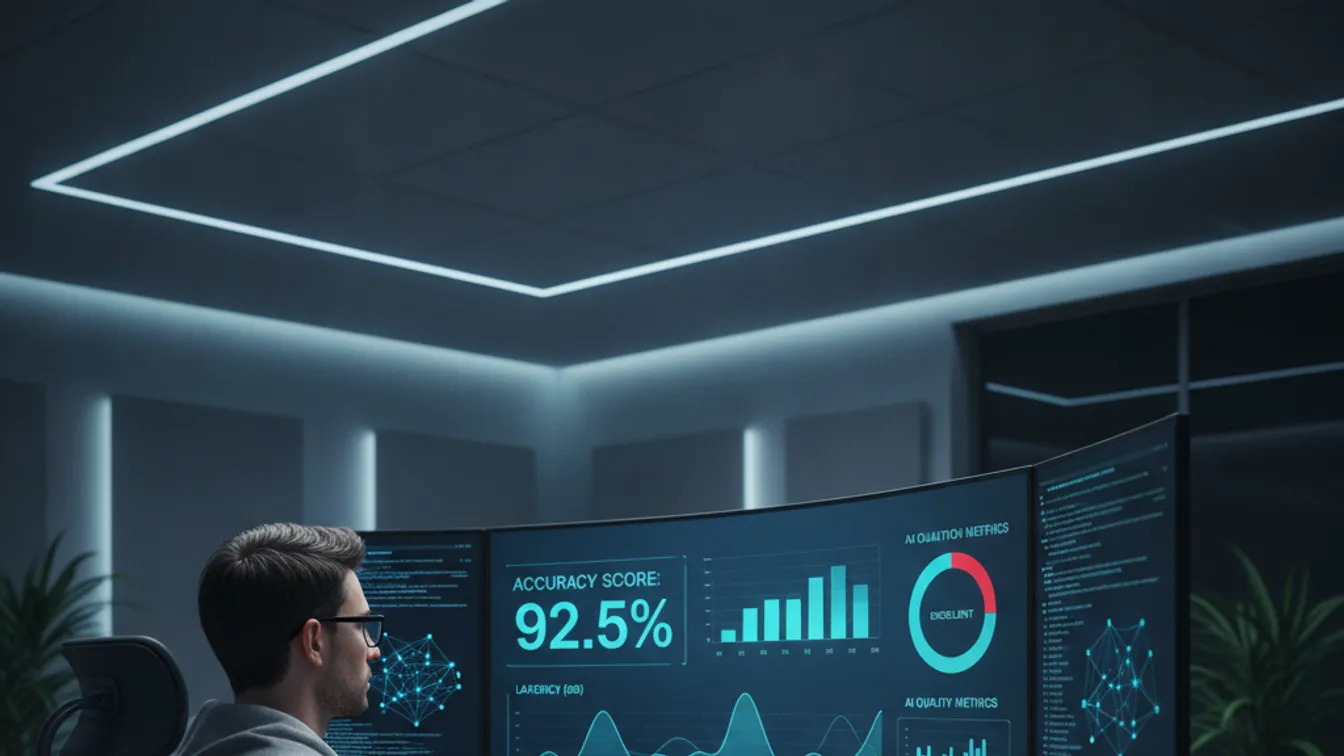 Engineer reviewing AI model evaluation metrics on a dashboard with charts showing LLM accuracy, latency, and quality scores
