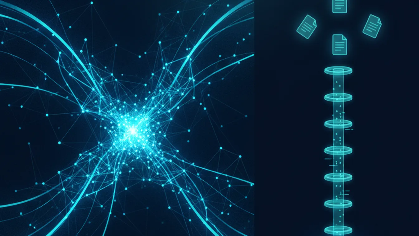 Split diagram showing fine-tuning neural networks on the left and a RAG retrieval pipeline on the right