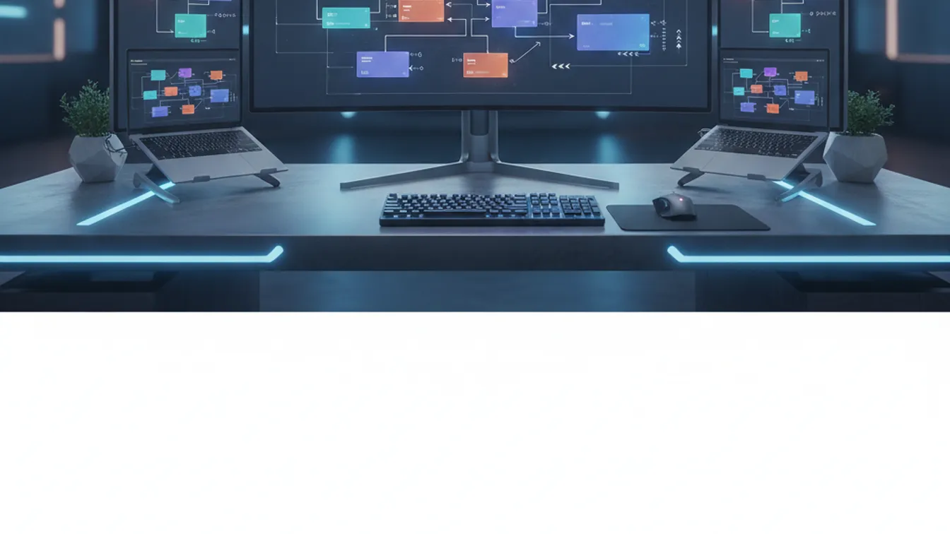 A developer's screen showing a modular UI architecture diagram with multiple independent frontend application blocks composing into a single product interface
