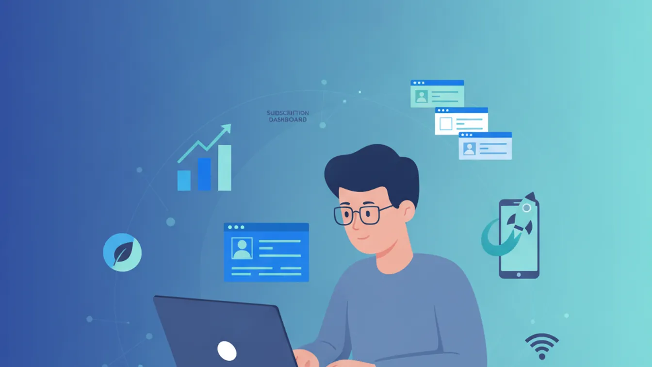 Developer building a micro-SaaS product with subscription revenue dashboard and minimal UI screens on a laptop