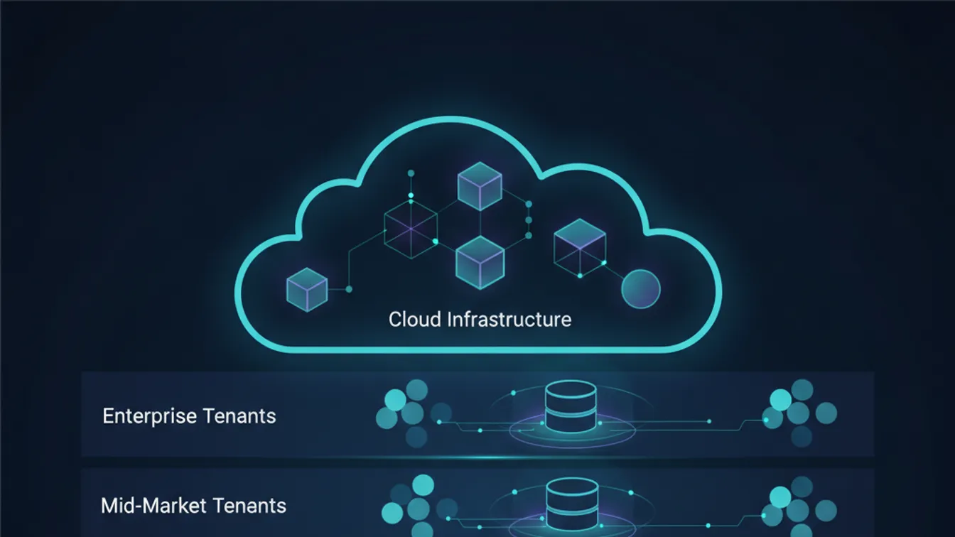 Abstract architectural diagram showing multi-tenant SaaS layers and data isolation