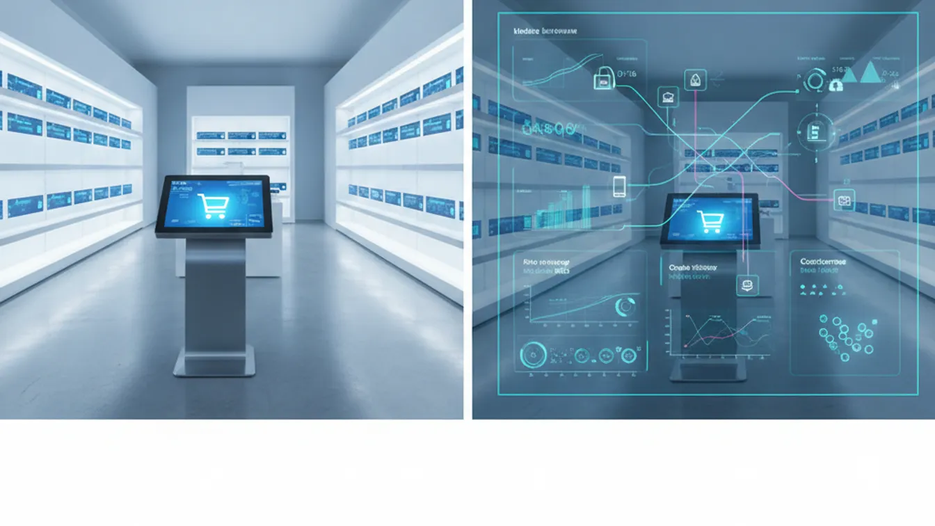 Omnichannel retail platform showing connected physical store, mobile app, and web storefront on a unified dashboard