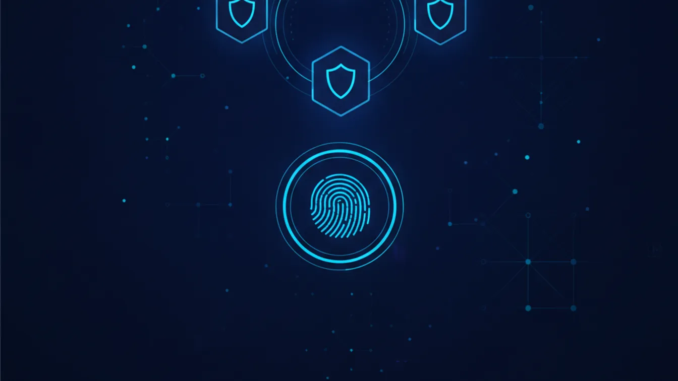Illustration of a secure login screen with a passkey shield icon on a futuristic dark-blue interface
