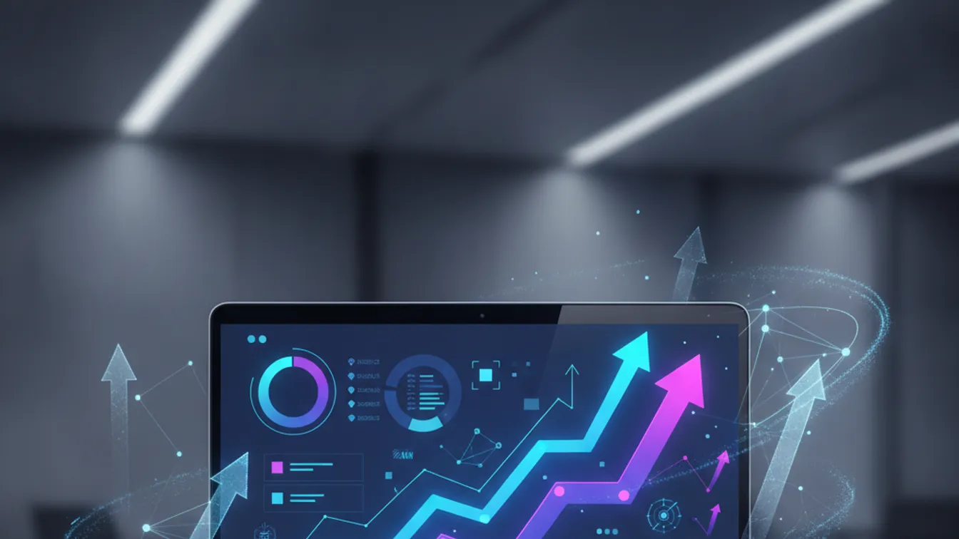 SaaS dashboard on a laptop screen surrounded by growth arrows and network nodes representing product-led growth