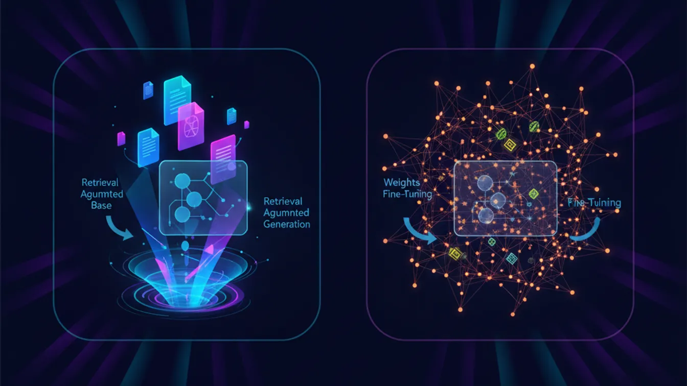 Split-screen visual comparing RAG and fine-tuning AI approaches for SaaS applications