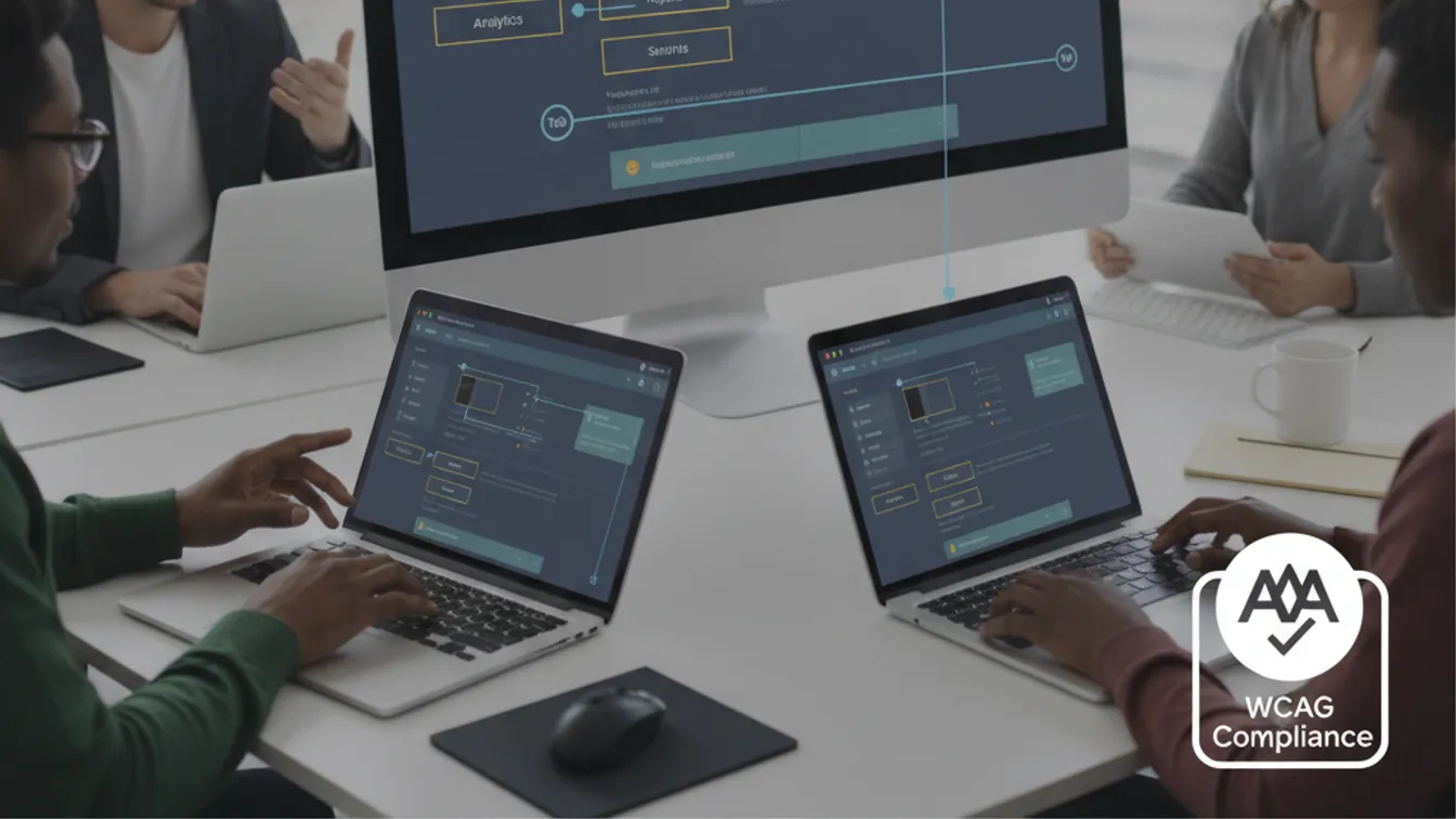 A clean SaaS dashboard interface with accessibility indicators and high-contrast UI elements