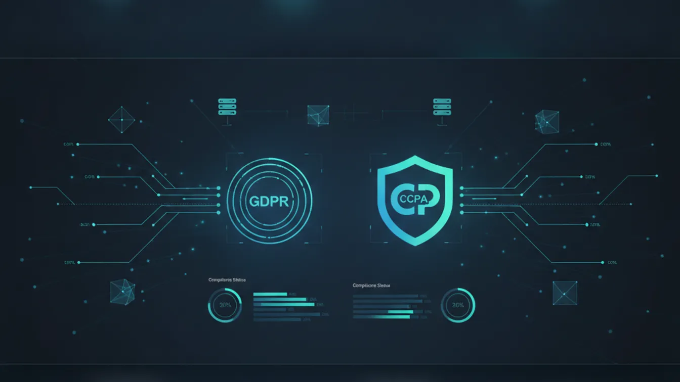 Digital privacy dashboard showing GDPR and CCPA compliance indicators with secure data flow visualization