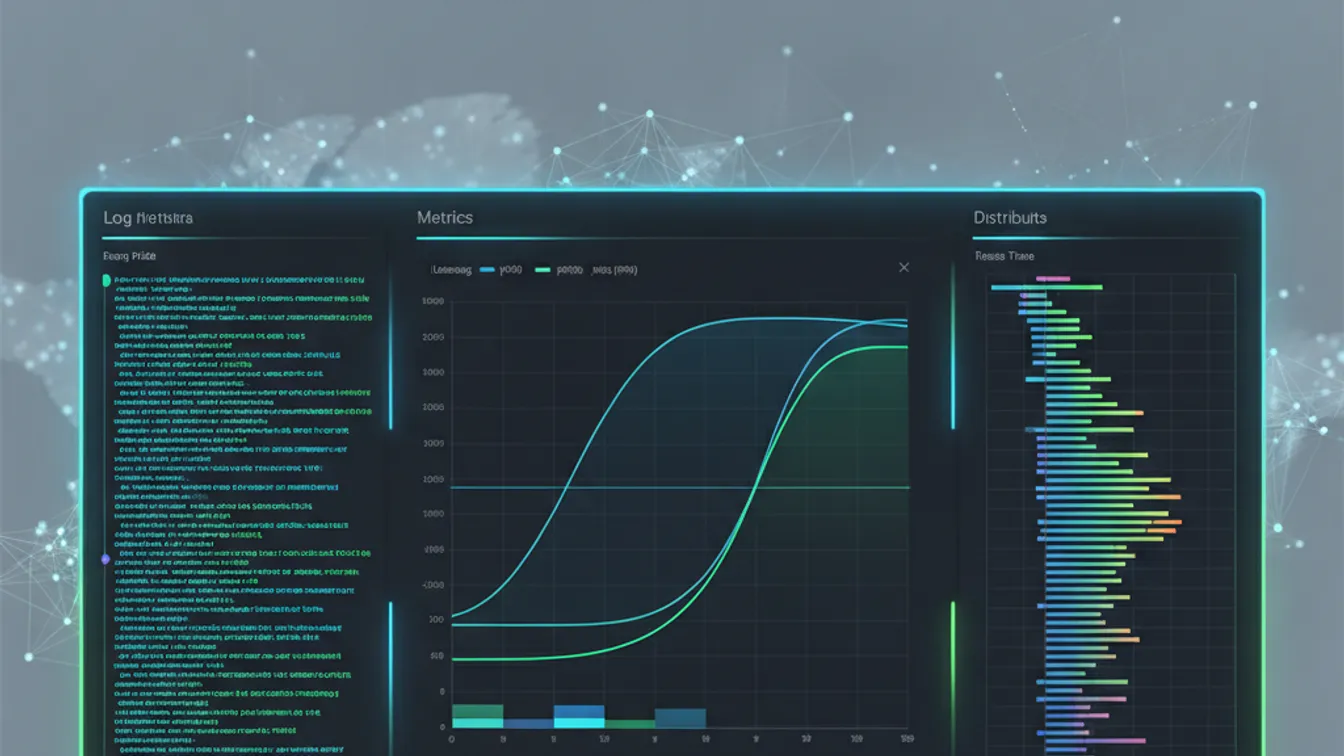 Abstract dashboard showing interconnected log streams, metric graphs, and a distributed trace waterfall for a SaaS application
