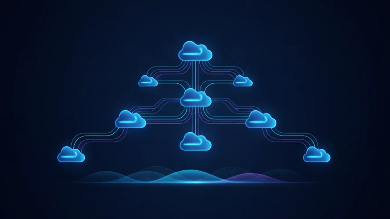 Futuristic cloud infrastructure diagram showing serverless functions connecting SaaS services without dedicated servers