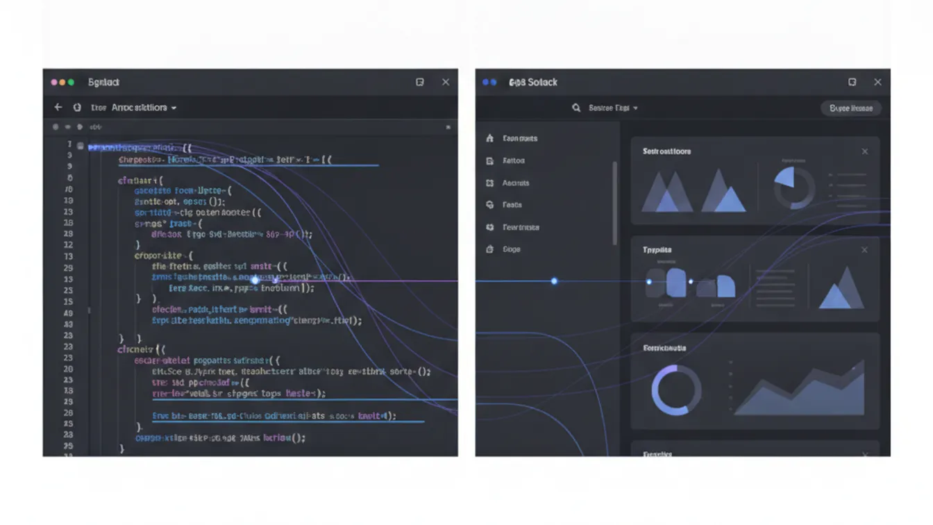 Abstract visualization of TypeScript type-checking code flowing through a SaaS platform architecture
