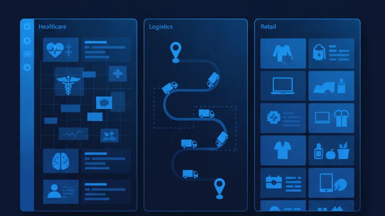 Industry-specific software dashboard showing healthcare, logistics, and retail modules connected in a unified vertical SaaS platform