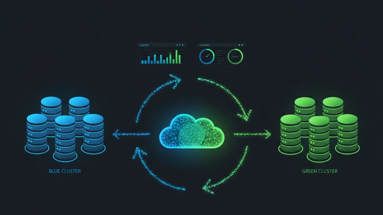Abstract illustration of multiple server nodes transitioning between deployment versions with continuous uptime indicators showing green status